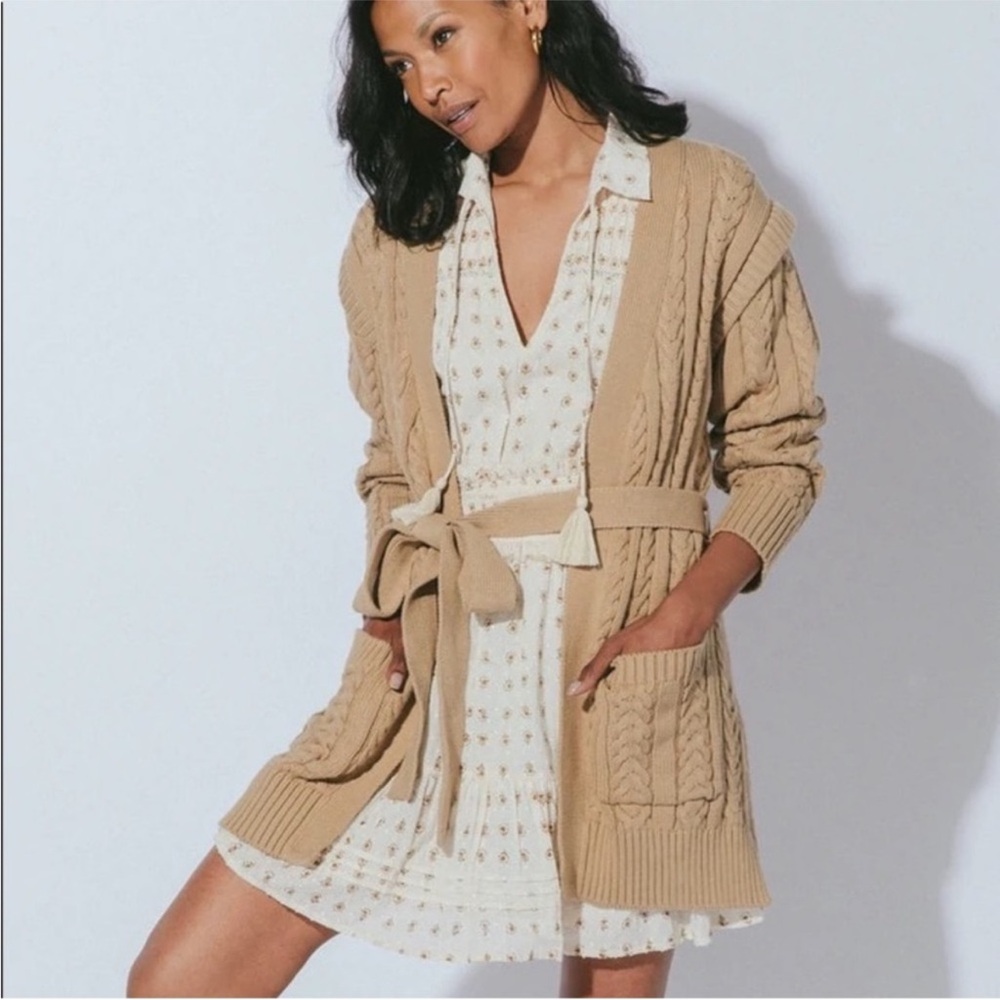 Cleobella Ziggy cable knit belted tan cardigan sweater XS